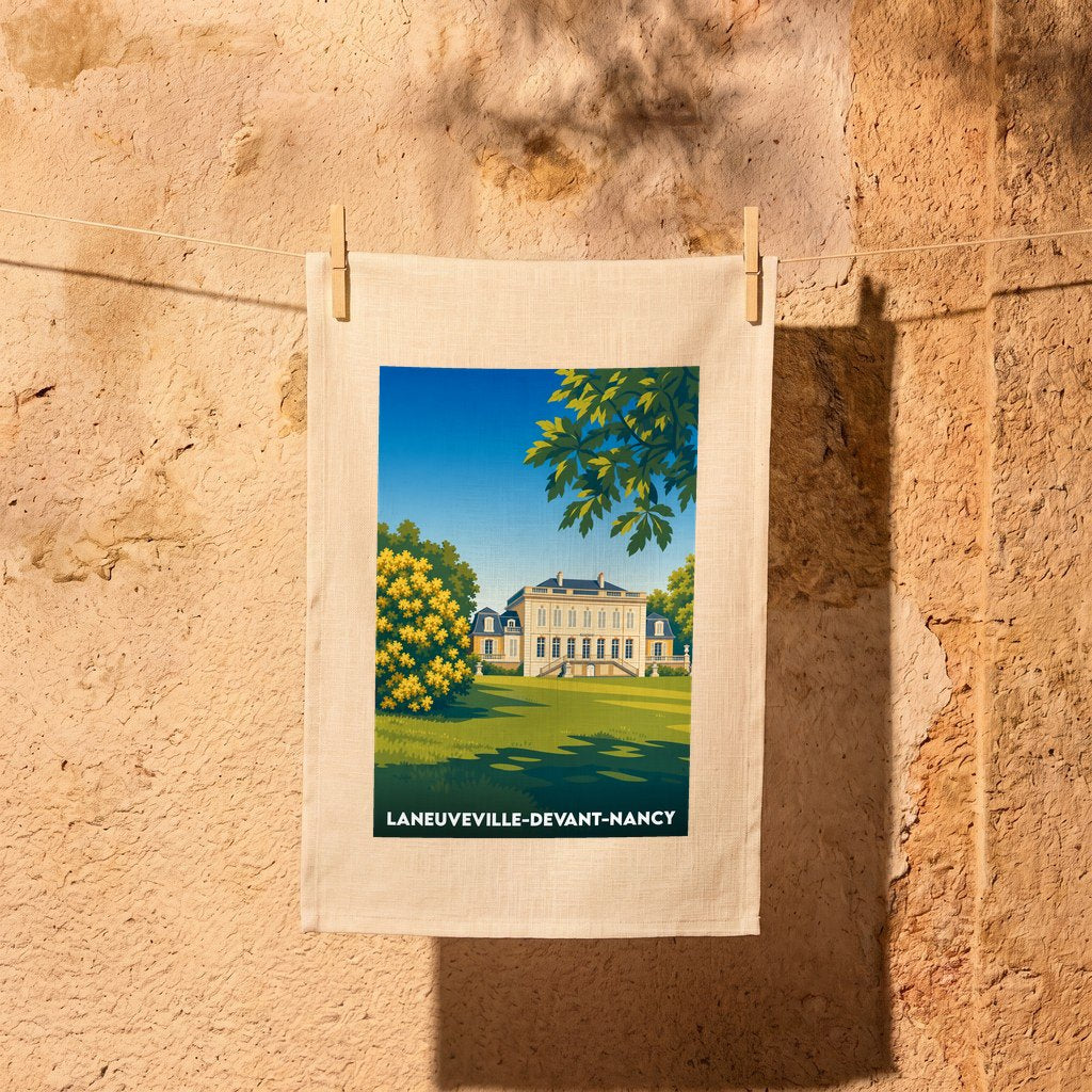 Torchon souvenir de la ville de Laneuveville-devant-Nancy avec une illustration stylisée.