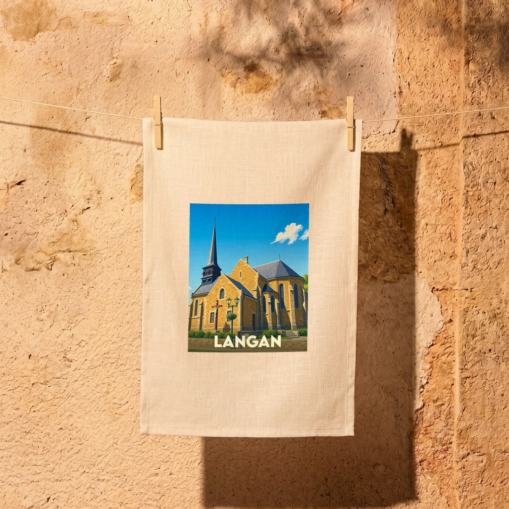 Torchon souvenir de la ville de Langan avec une illustration stylisée de son église.