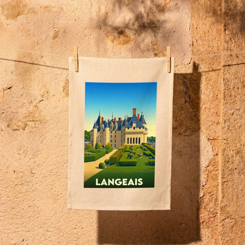 Torchon souvenir de la ville de Langeais orné d'une illustration stylisée de son château et de ses jardins.