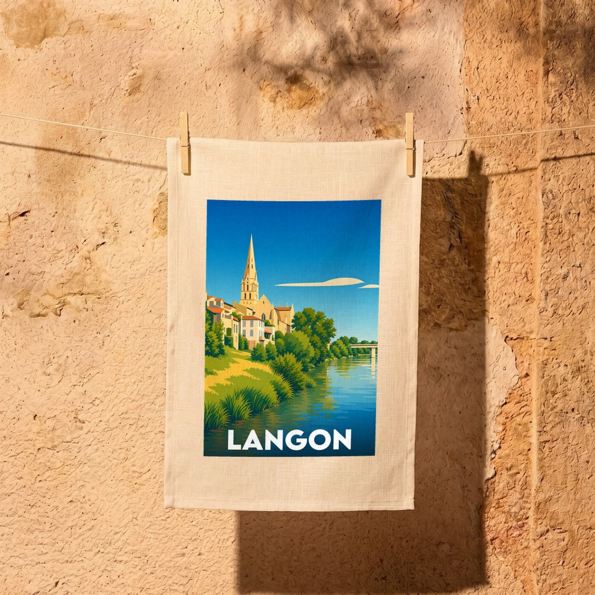 Torchon souvenir de la ville de Langon avec une illustration stylisée représentant l'église et le pont au bord de l'eau.