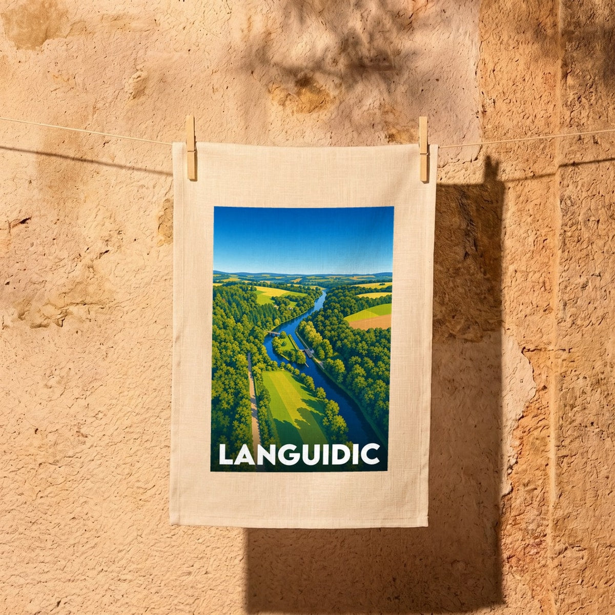 Torchon souvenir de la ville de Languidic avec une illustration stylisée de la vallée du Blavet.