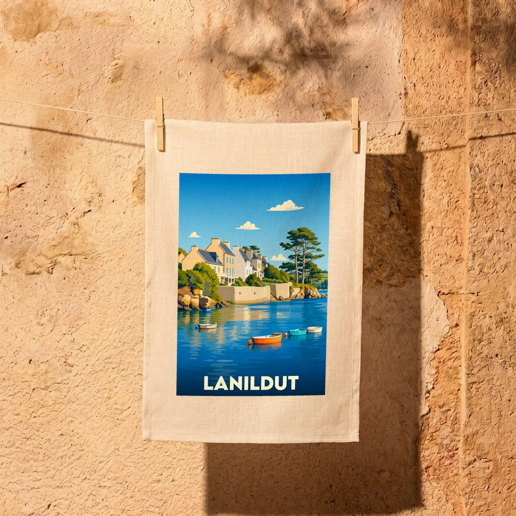 Torchon souvenir de la ville de Lanildut avec une illustration stylisée d'un bord de mer.
