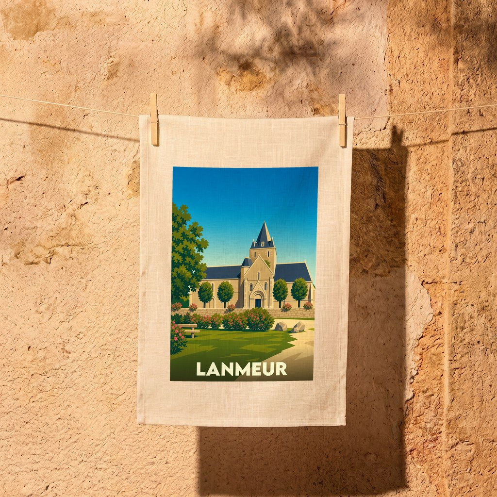 Torchon souvenir de la ville de Lanmeur avec une illustration stylisée d'une église et de son jardin.