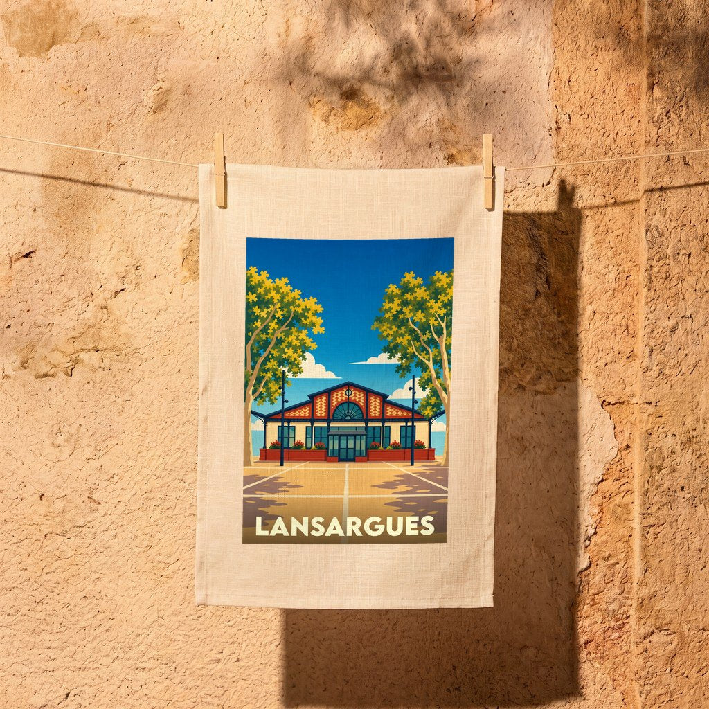 Torchon souvenir de la ville de Lansargues orné d'une illustration stylisée de ses halles.