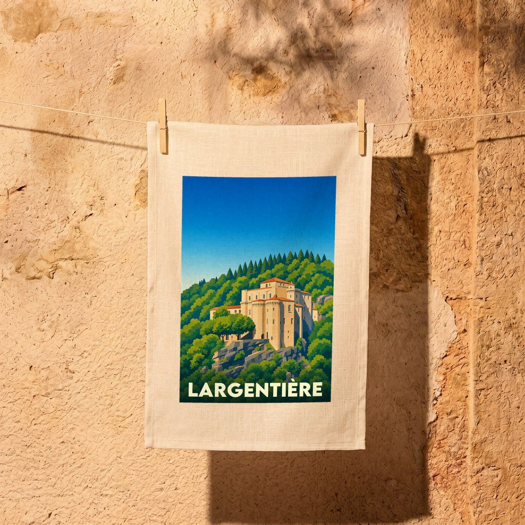 Torchon souvenir de la ville de Largentière avec une illustration stylisée de son château.