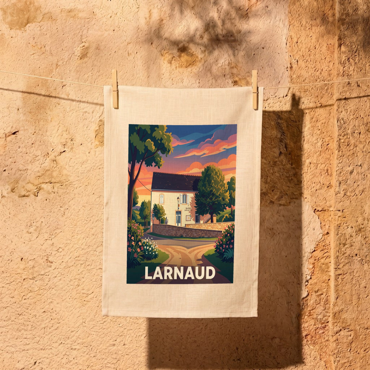 Torchon souvenir de la ville de Larnaud avec une illustration stylisée de sa mairie au coucher du soleil.