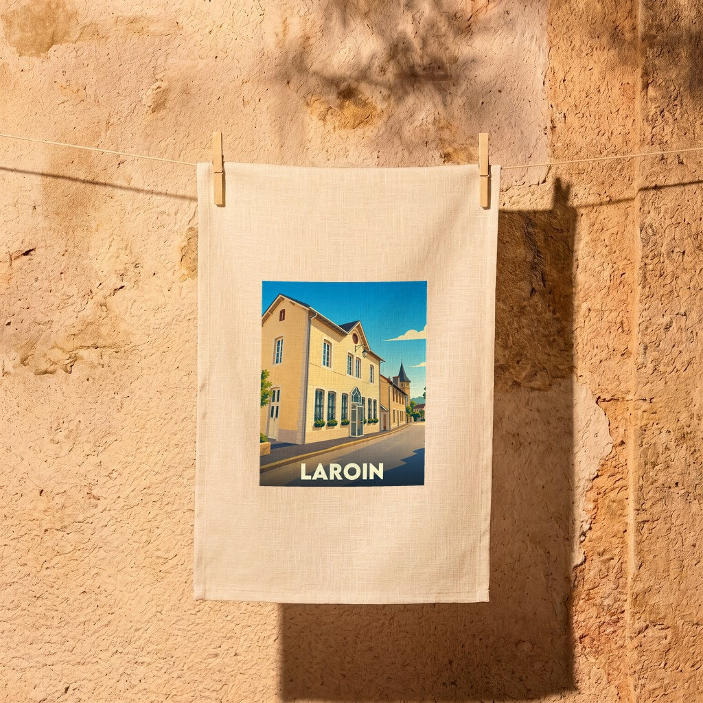 Torchon souvenir de la ville de Laroin avec une illustration stylisée d'une rue ensoleillée.