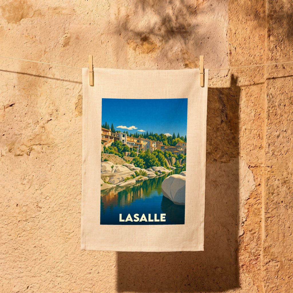 Torchon souvenir de la ville de Lasalle avec une illustration stylisée d'un paysage de rivière et de village.