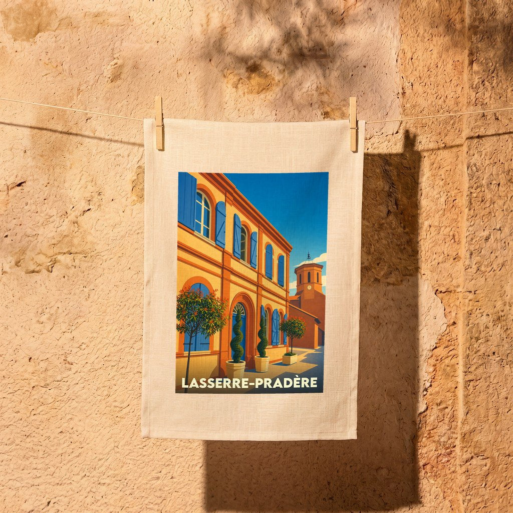 Torchon souvenir de la ville de Lasserre-Pradère avec une illustration stylisée et colorée.