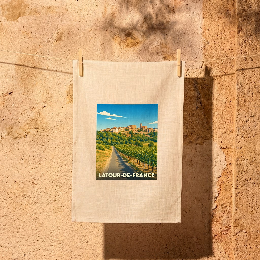 Torchon de cuisine souvenir de la ville de Latour-de-France avec une illustration stylisée de vignobles.