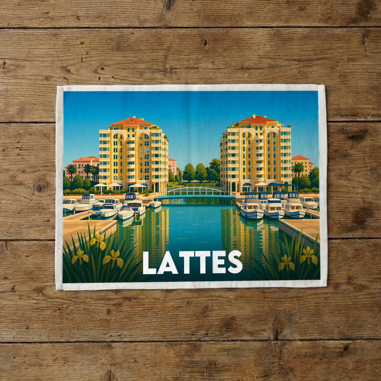 Torchon souvenir de la ville de Lattes avec une illustration stylisée de son port de plaisance.