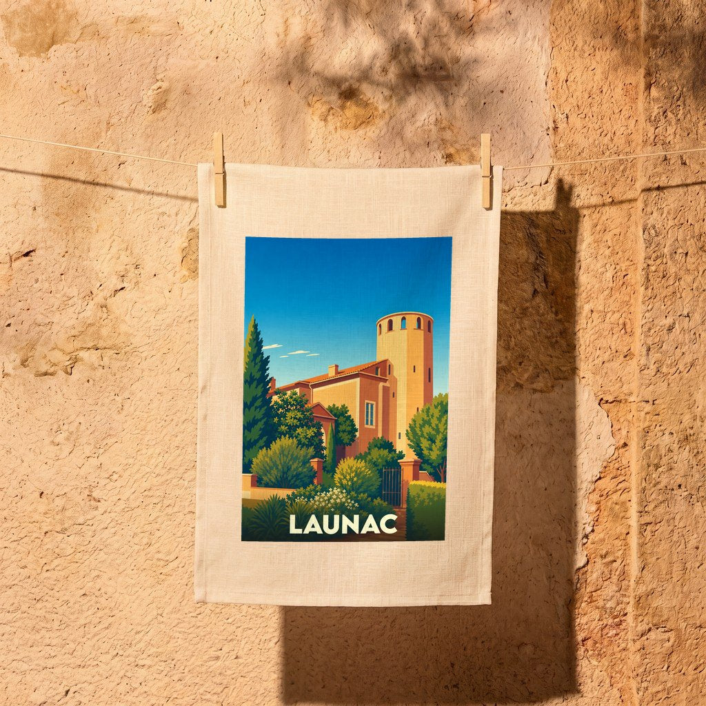 Torchon souvenir de la ville de Launac orné d'une illustration stylisée de son château.