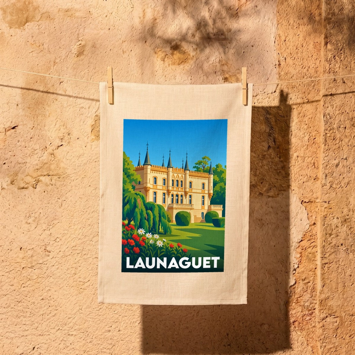Torchon souvenir de la ville de Launaguet illustré d'un château de style néogothique entouré d'un parc arboré.