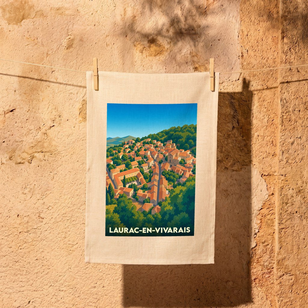 Torchon souvenir de Laurac-en-Vivarais avec une illustration stylisée du village perché.
