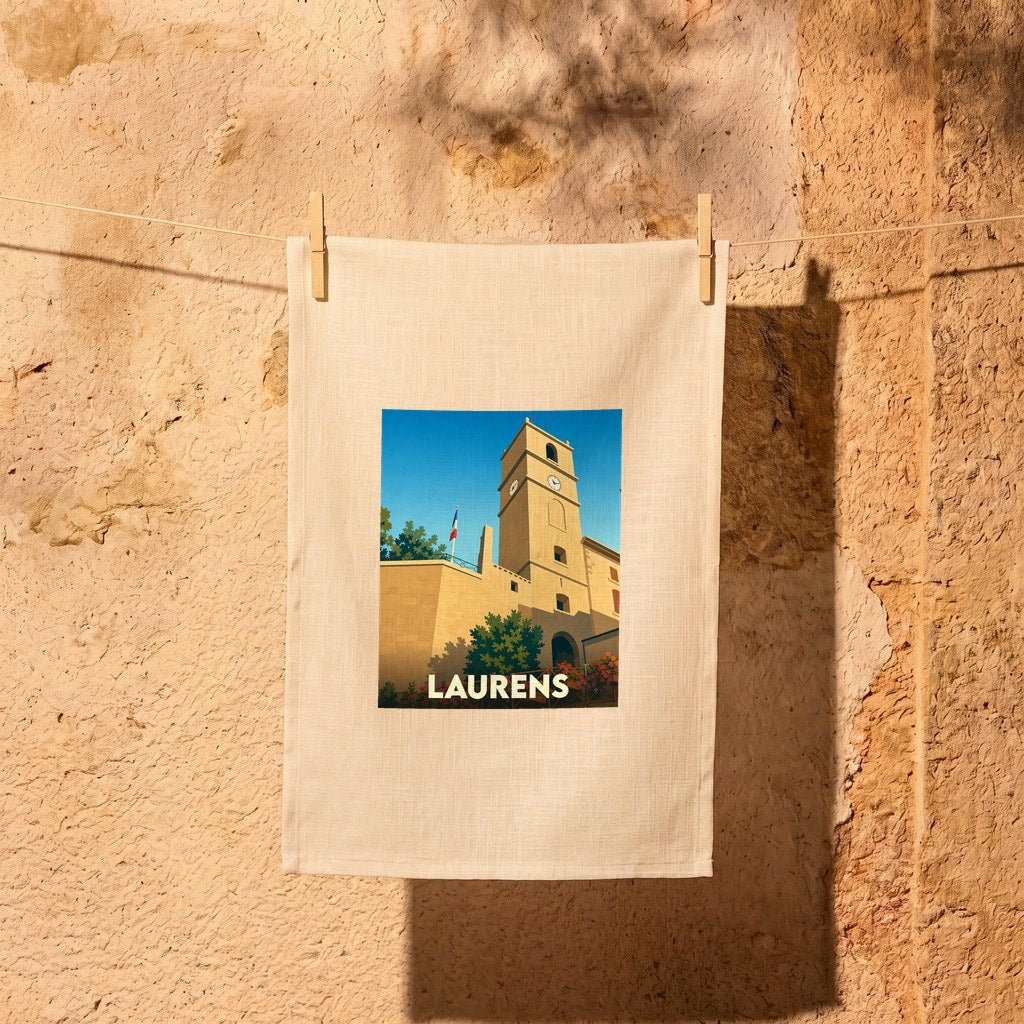 Torchon souvenir de la ville de Laurens avec une illustration stylisée.