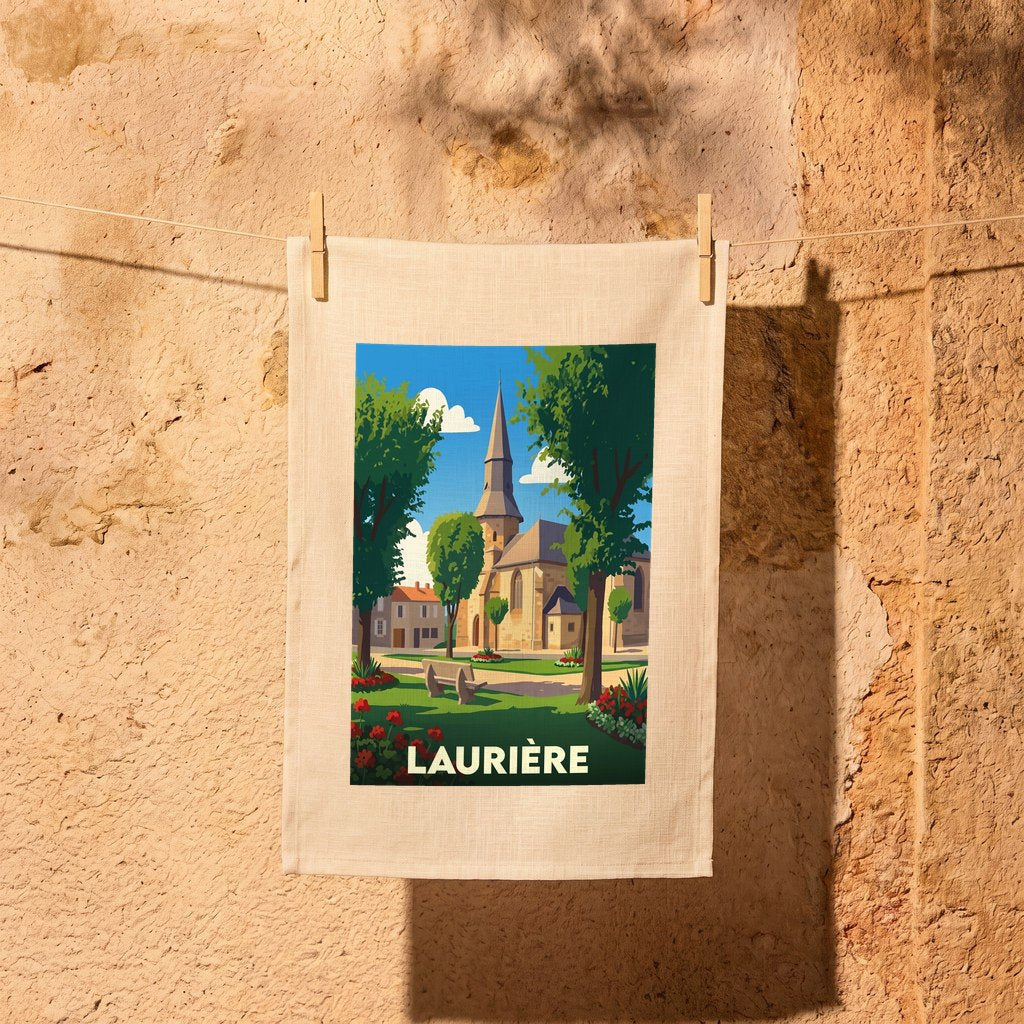 Torchon souvenir de la ville de Laurière avec une illustration stylisée de son église et d'un parc.