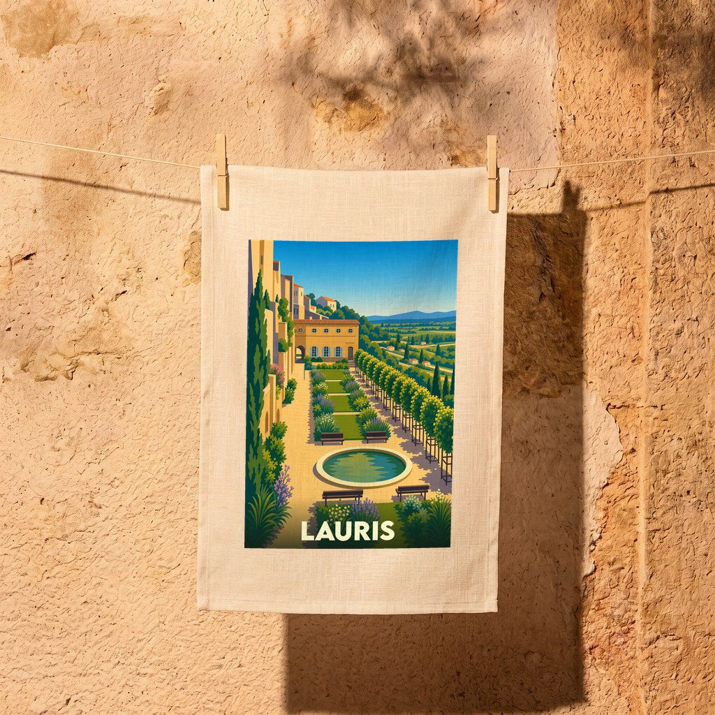 Torchon souvenir de la ville de Lauris avec une illustration stylisée de ses jardins en terrasses.