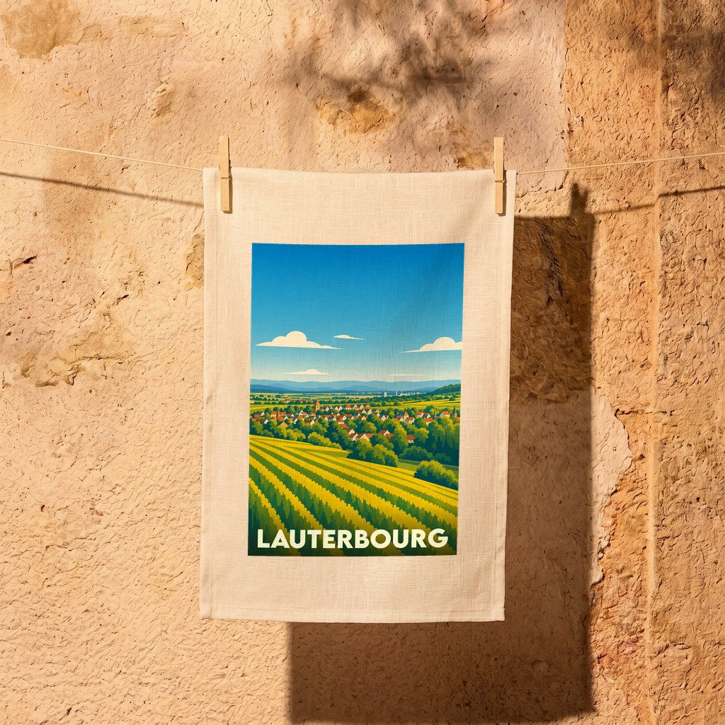 Torchon souvenir de la ville de Lauterbourg avec une illustration stylisée de ses paysages champêtres.