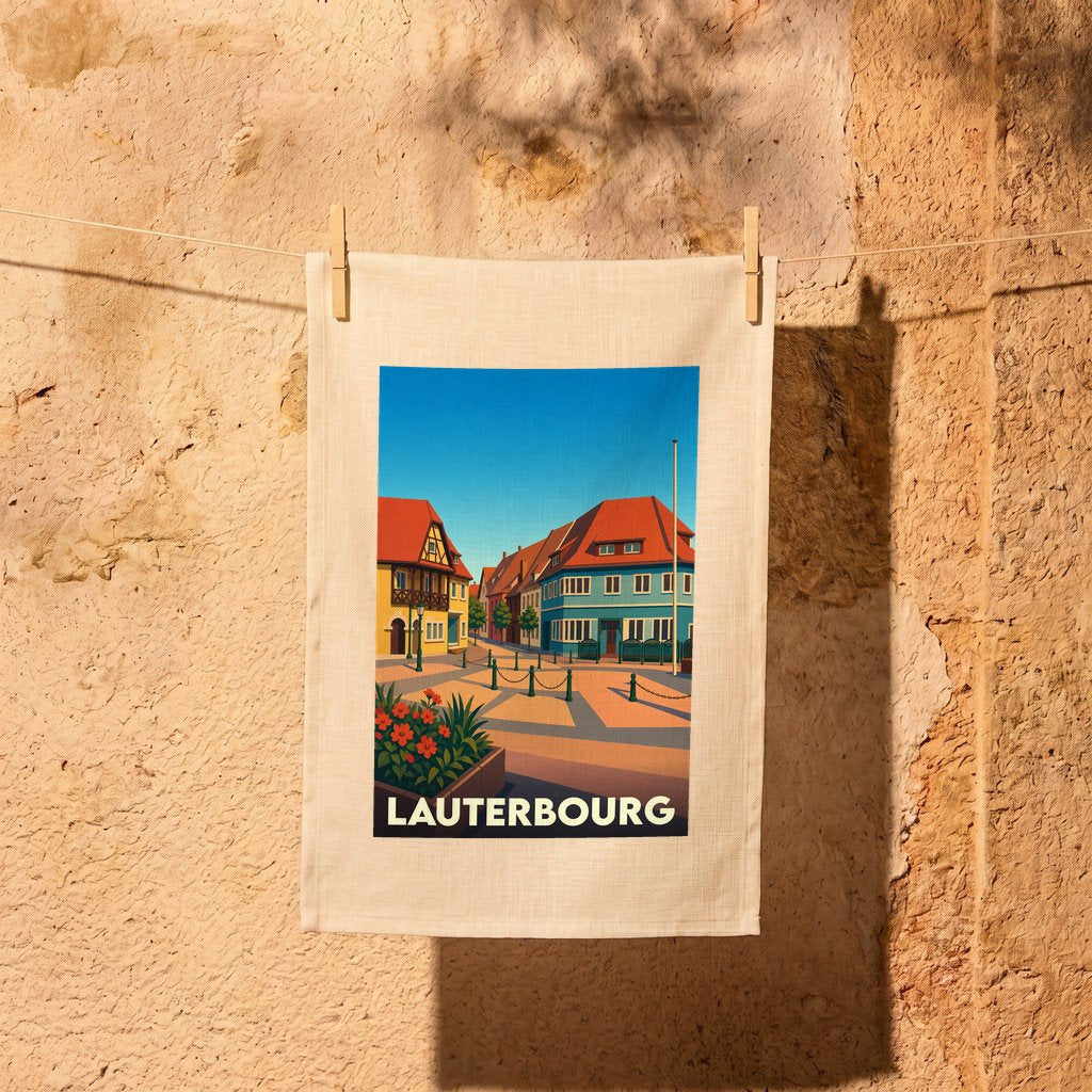 Torchon souvenir de la ville de Lauterbourg avec une illustration stylisée.