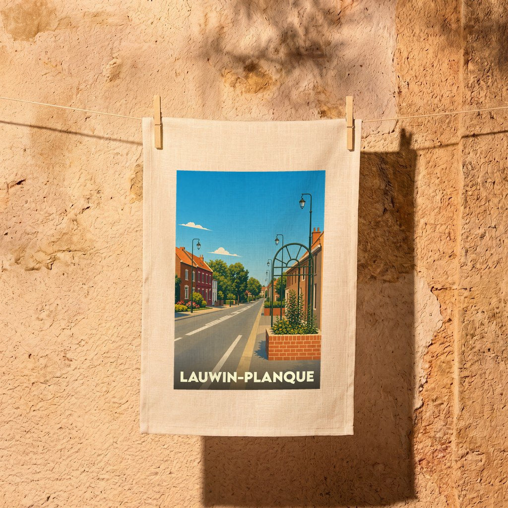 Torchon souvenir de la ville de Lauwin-Planque avec une illustration stylisée.
