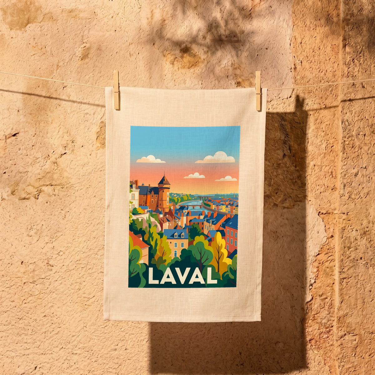Torchon souvenir de la ville de Laval avec une illustration colorée et stylisée de son paysage urbain.