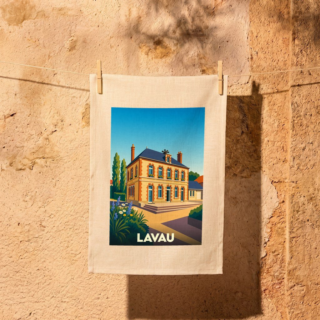 Torchon souvenir de la ville de Lavau avec une illustration stylisée d'un bâtiment traditionnel.