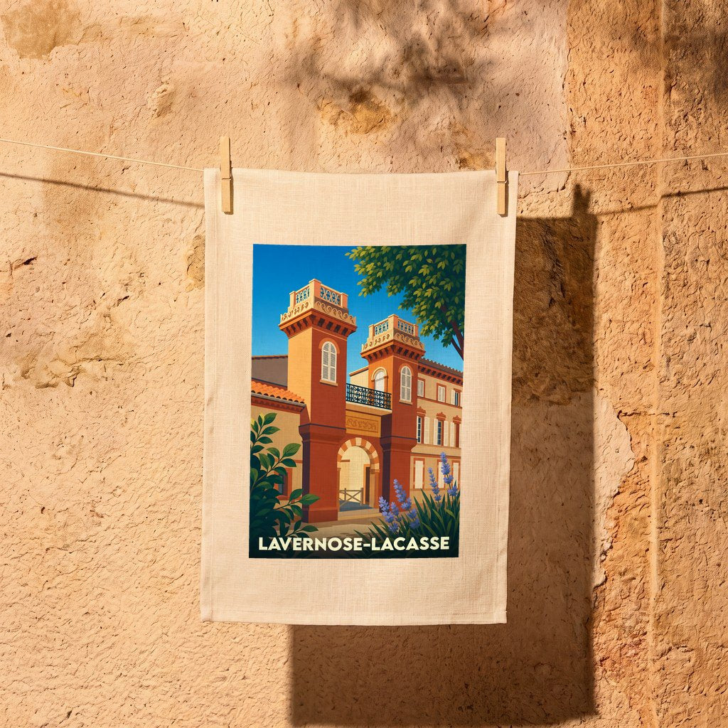 Torchon souvenir de la ville de Lavernose-Lacasse avec une illustration stylisée.