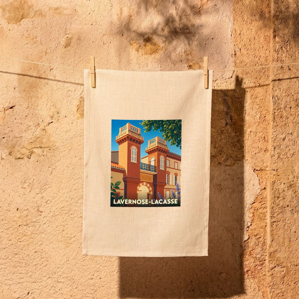 Torchon souvenir de la ville de Lavernose-Lacasse avec une illustration stylisée.