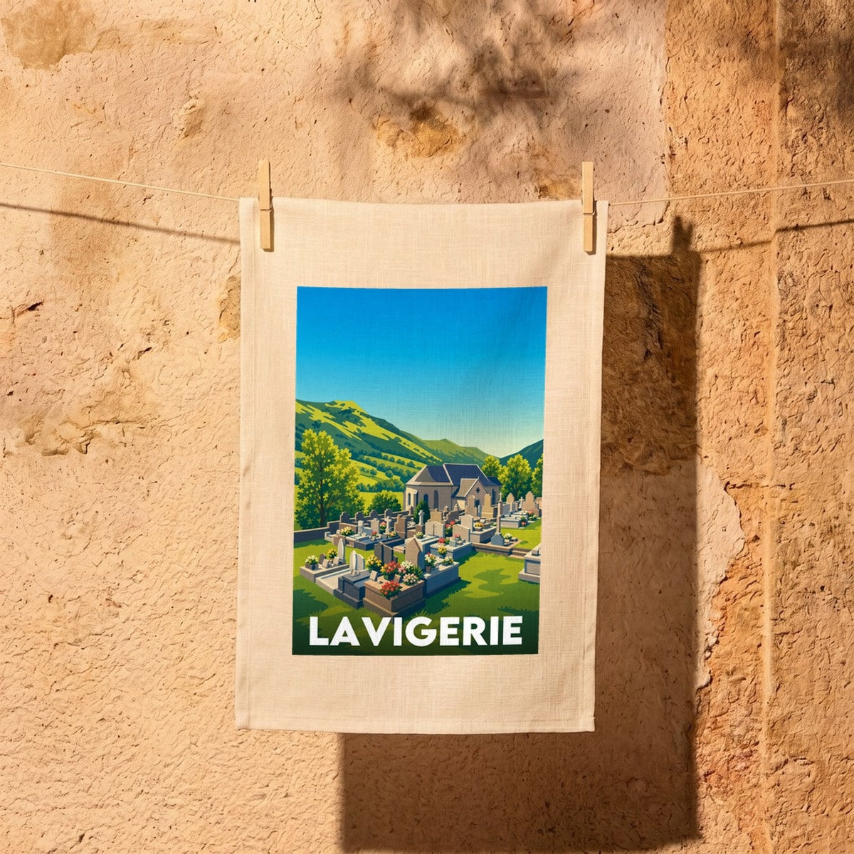 Torchon souvenir de la ville de Lavigerie avec une illustration stylisée de son cimetière et de son paysage montagneux.