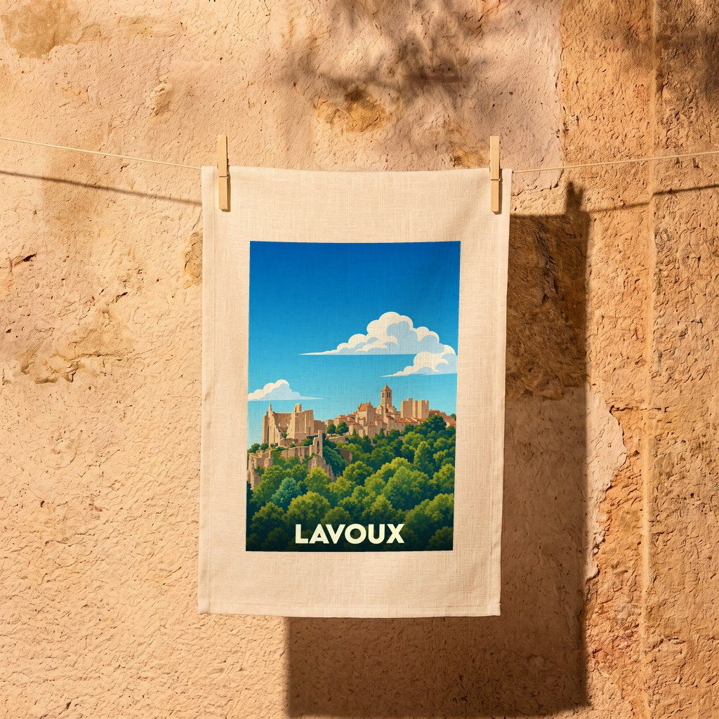 Torchon souvenir de la ville de Lavoux orné d'une illustration stylisée de sa cité médiévale.
