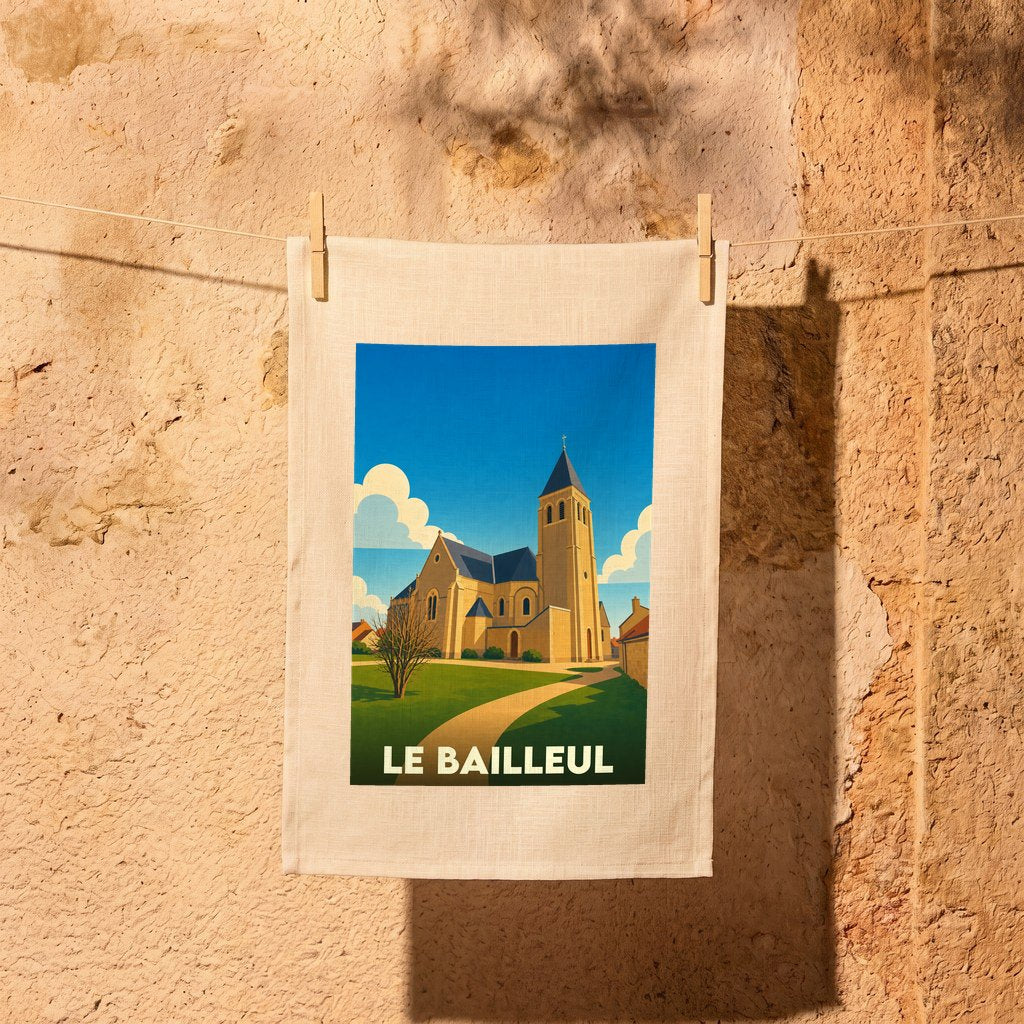 Torchon souvenir de la ville de Le Bailleul avec une illustration stylisée de son église.