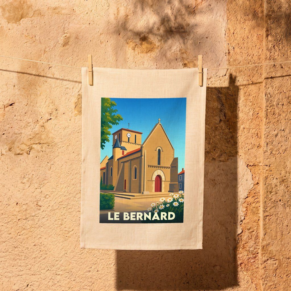 Torchon souvenir de la ville de Le Bernard illustré par une église stylisée sous un ciel bleu.