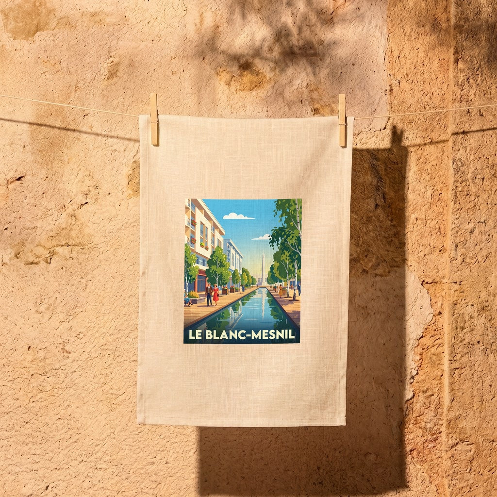 Torchon souvenir de la ville de Le Blanc-Mesnil avec une illustration rétro et colorée.