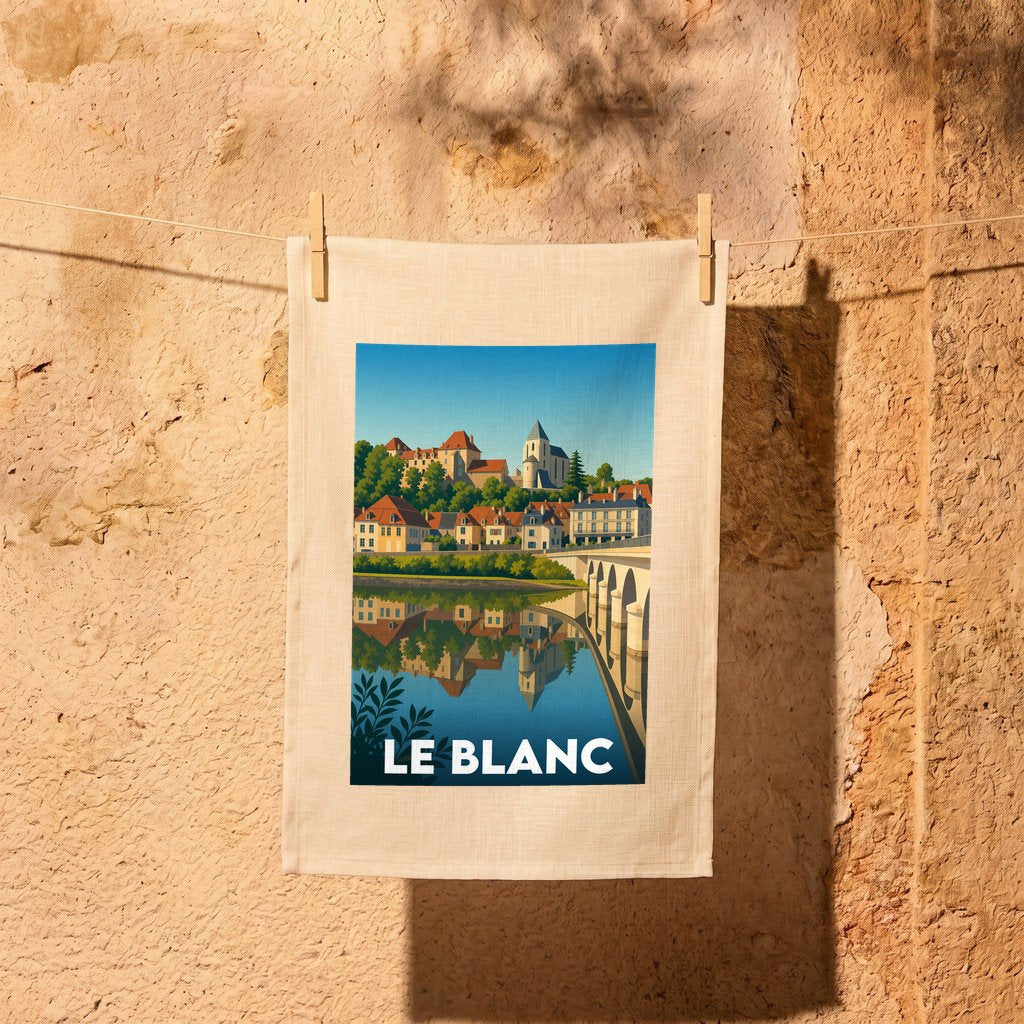 Torchon souvenir de la ville de Le Blanc avec une illustration stylisée d'un paysage urbain au bord de l'eau.