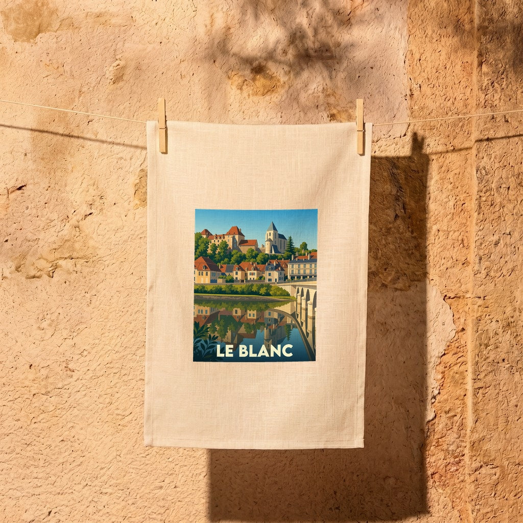 Torchon souvenir de la ville de Le Blanc avec une illustration stylisée d'un paysage urbain au bord de l'eau.