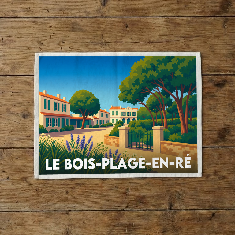 Torchon souvenir de la ville de Le Bois-Plage-en-Ré avec une illustration stylisée.
