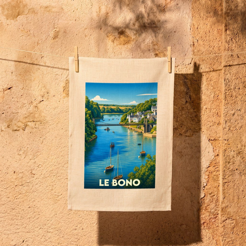 Torchon souvenir de la ville de Le Bono avec une illustration stylisée représentant son port et son pont.
