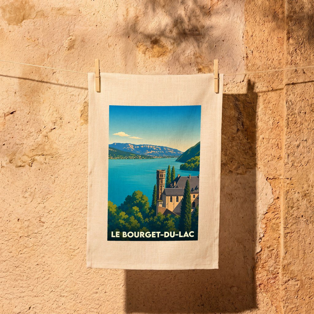 Torchon souvenir de la ville de Le Bourget-du-Lac avec une illustration stylisée du lac et d'un château historique.