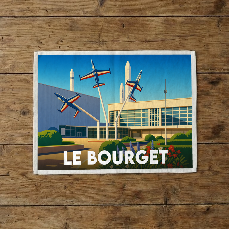 Torchon souvenir de la ville de Le Bourget avec une illustration stylisée d'avions et de fusées.