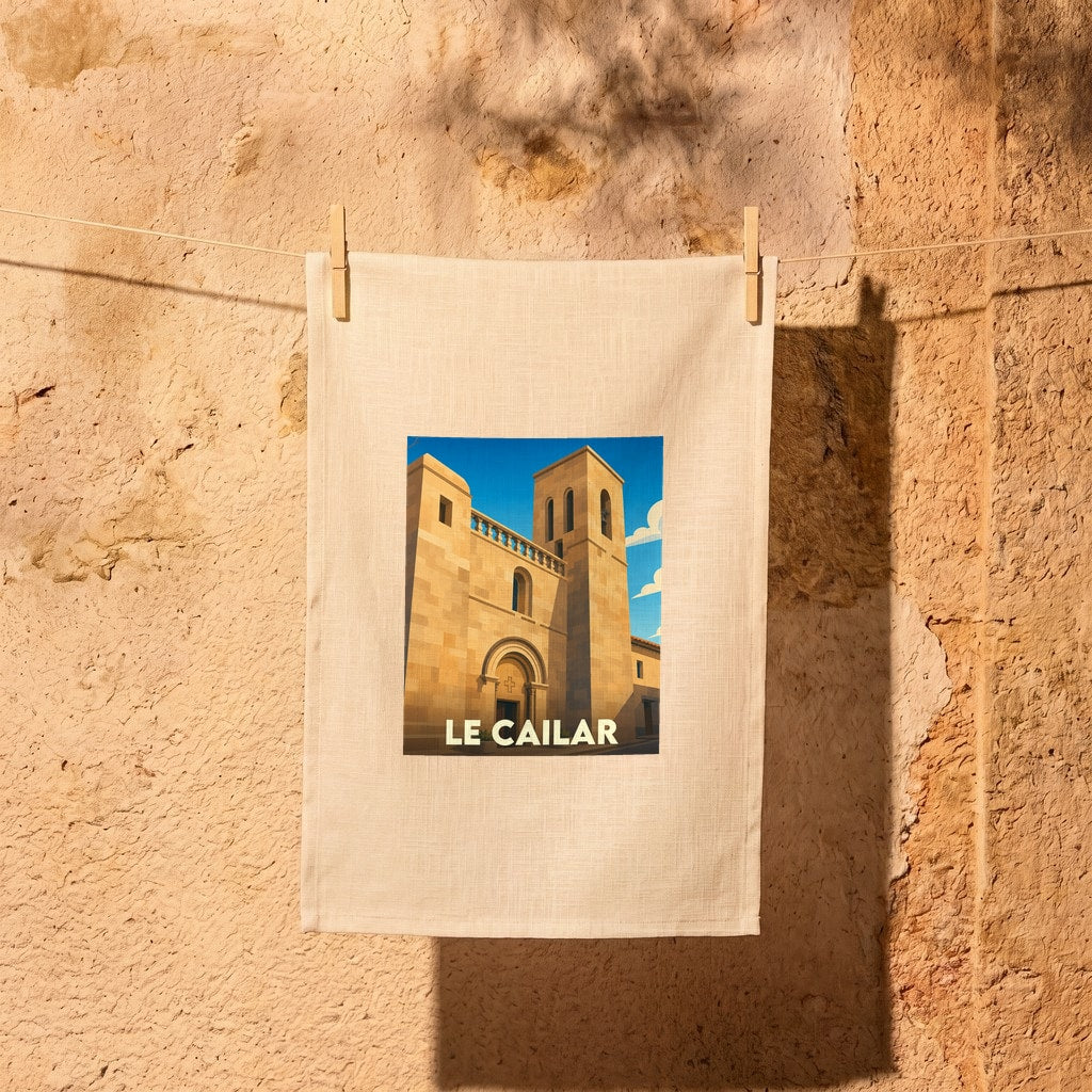 Torchon souvenir de la ville de Le Cailar avec une illustration stylisée d'une église sous un ciel bleu.