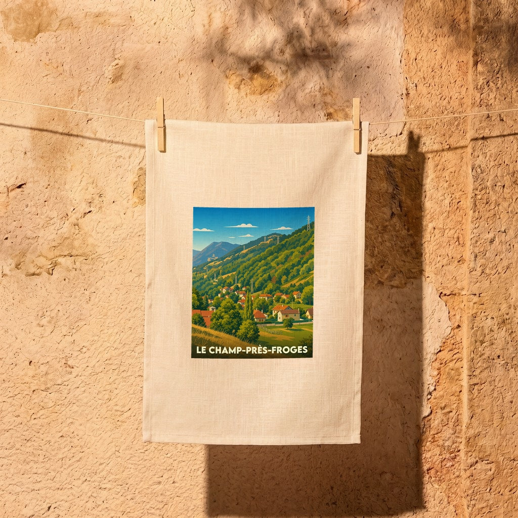 Torchon souvenir de la ville de Le Champ-près-Froges avec une illustration stylisée de son paysage montagneux.