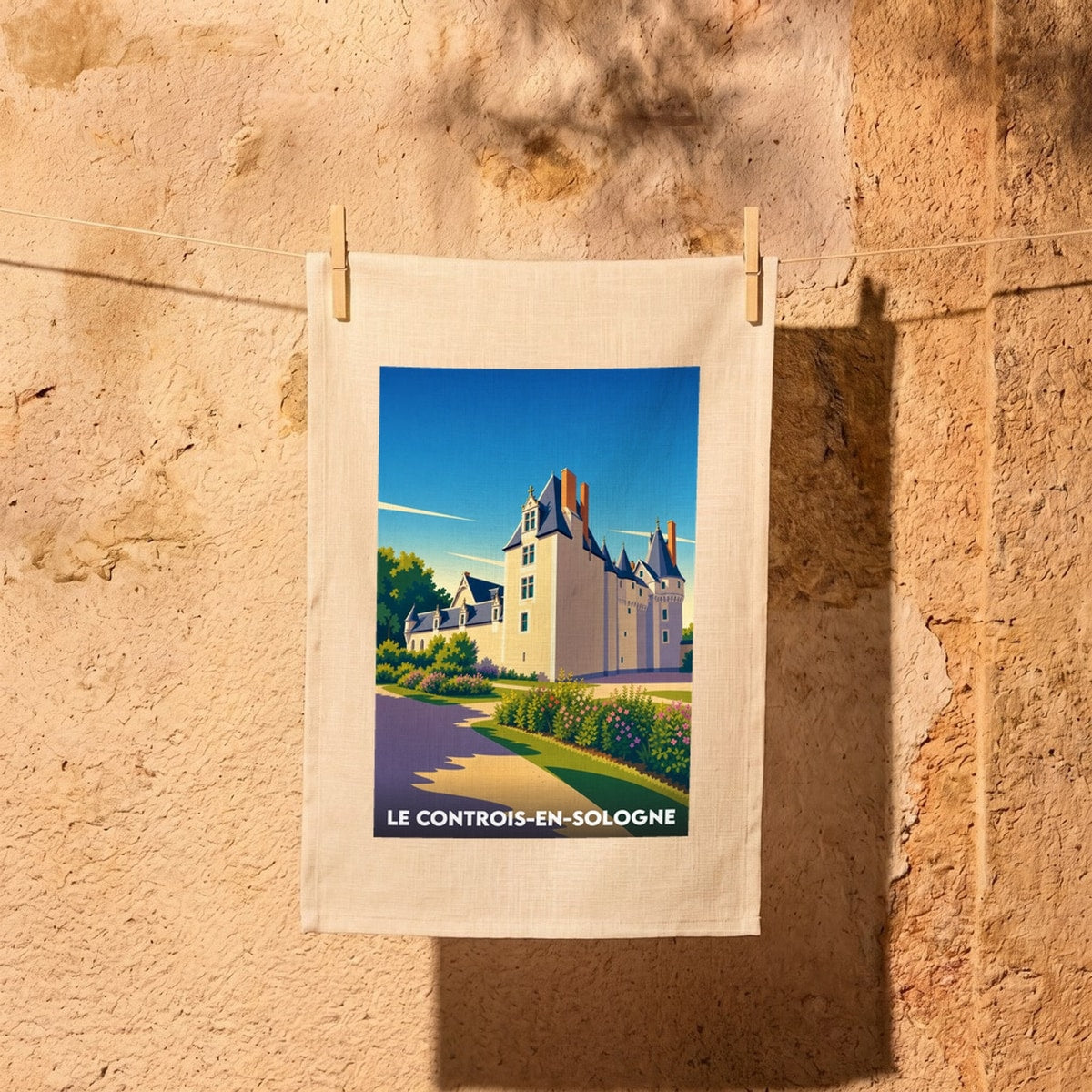 Torchon souvenir de la ville de Le Controis-en-Sologne avec une illustration stylisée de son château.