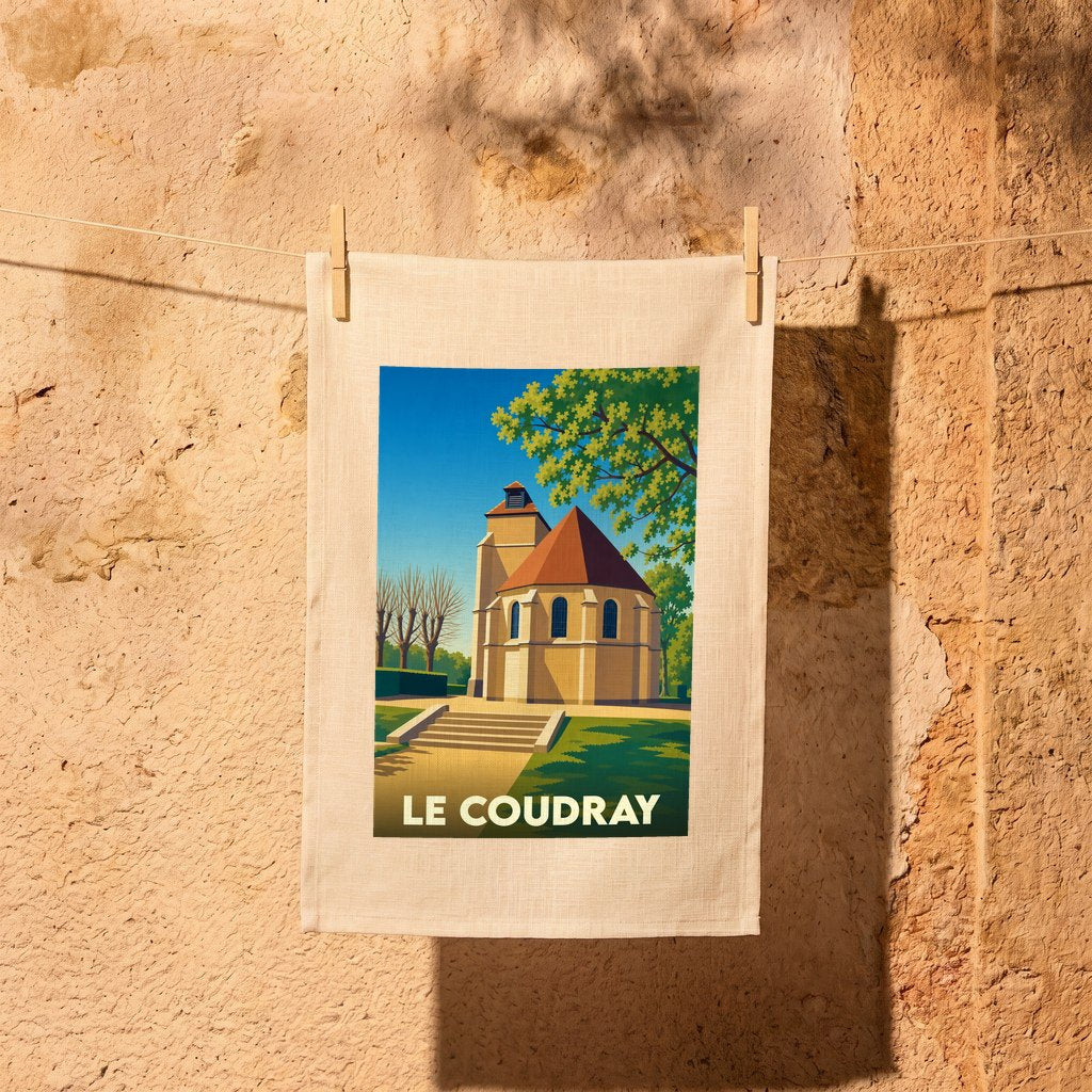 Torchon souvenir de la ville de Le Coudray avec une illustration stylisée d'un bâtiment historique.