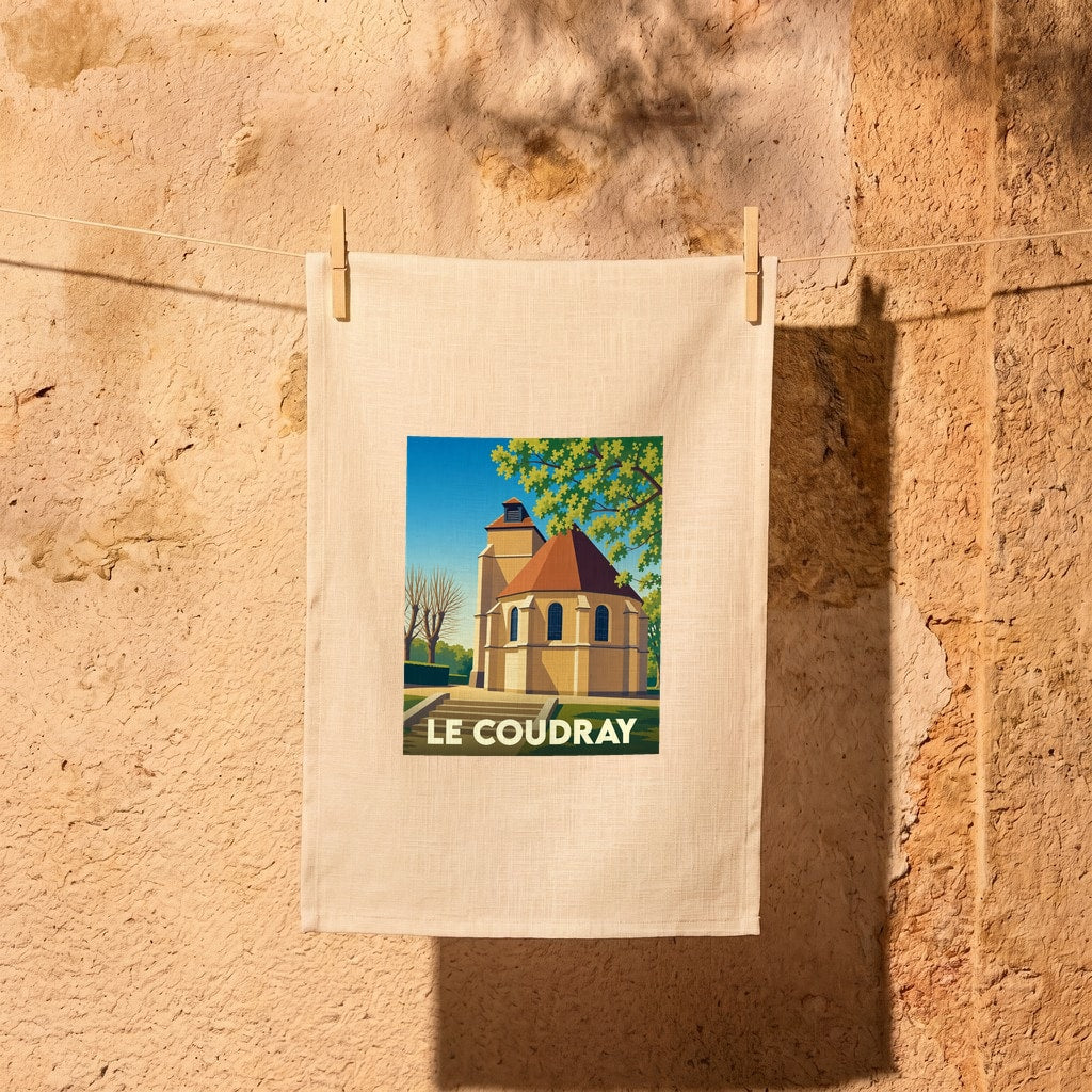 Torchon souvenir de la ville de Le Coudray avec une illustration stylisée d'un bâtiment historique.