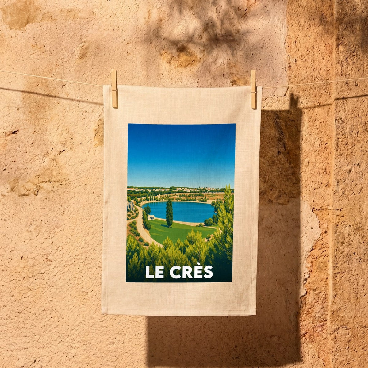 Torchon souvenir de la ville de Le Crès illustrant son lac avec un graphisme vintage et épuré.