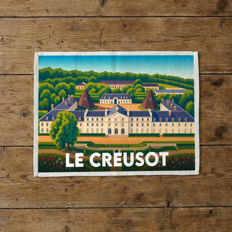 Torchon souvenir de la ville du Creusot avec une illustration stylisée de son château.