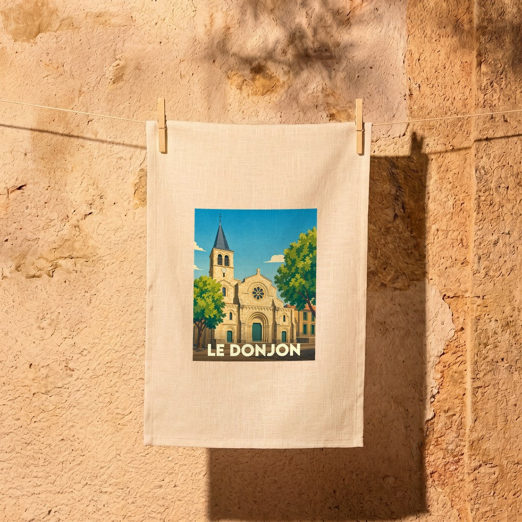 Torchon souvenir de la ville de Le Donjon illustré d'un dessin stylisé de son église.
