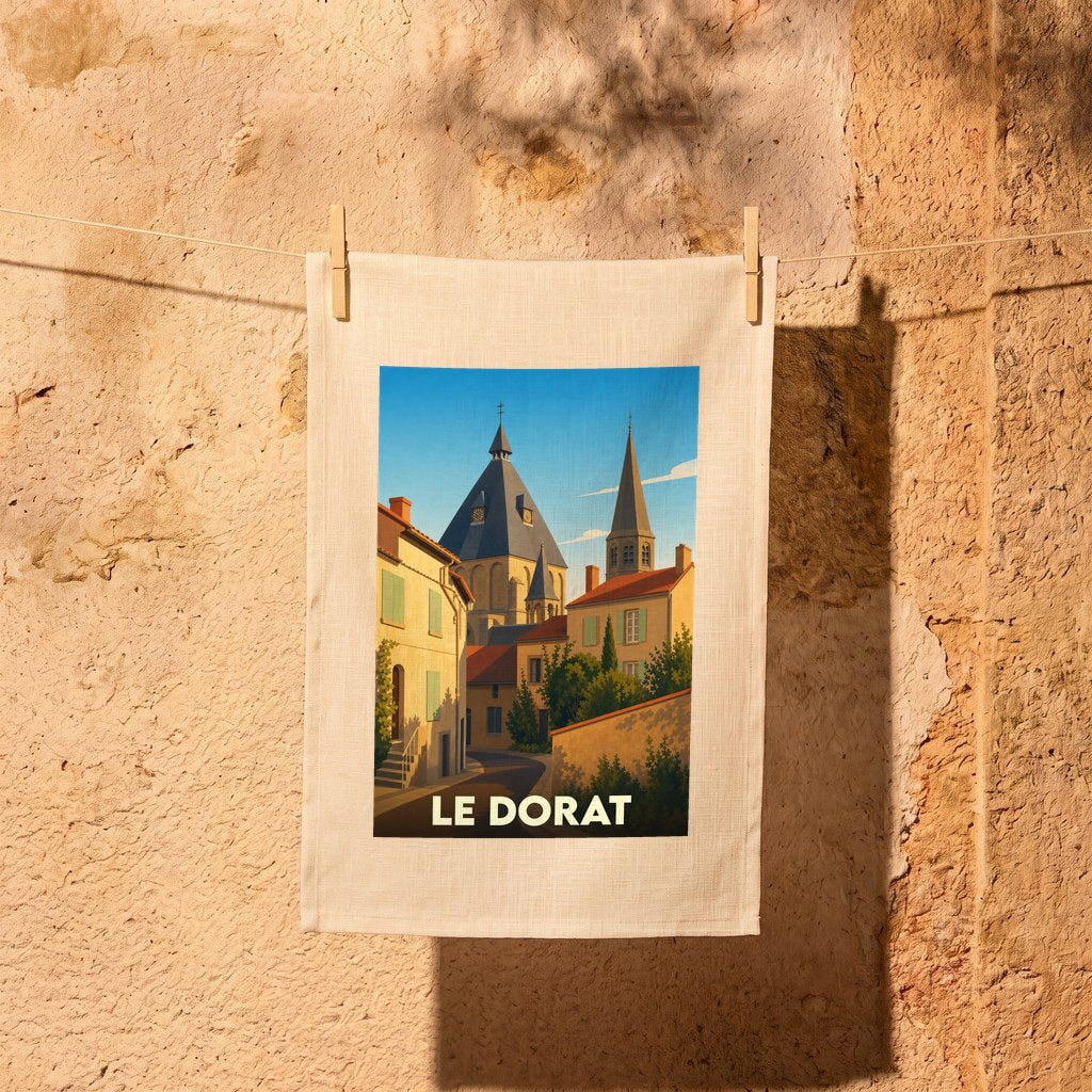 Torchon souvenir de la ville de Le Dorat avec une illustration stylisée.