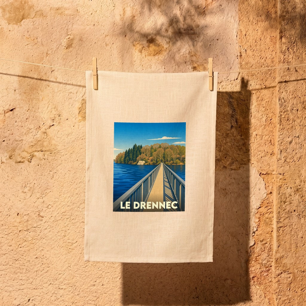 Torchon souvenir de la ville de Le Drennec avec une illustration stylisée représentant sa passerelle sur le lac.