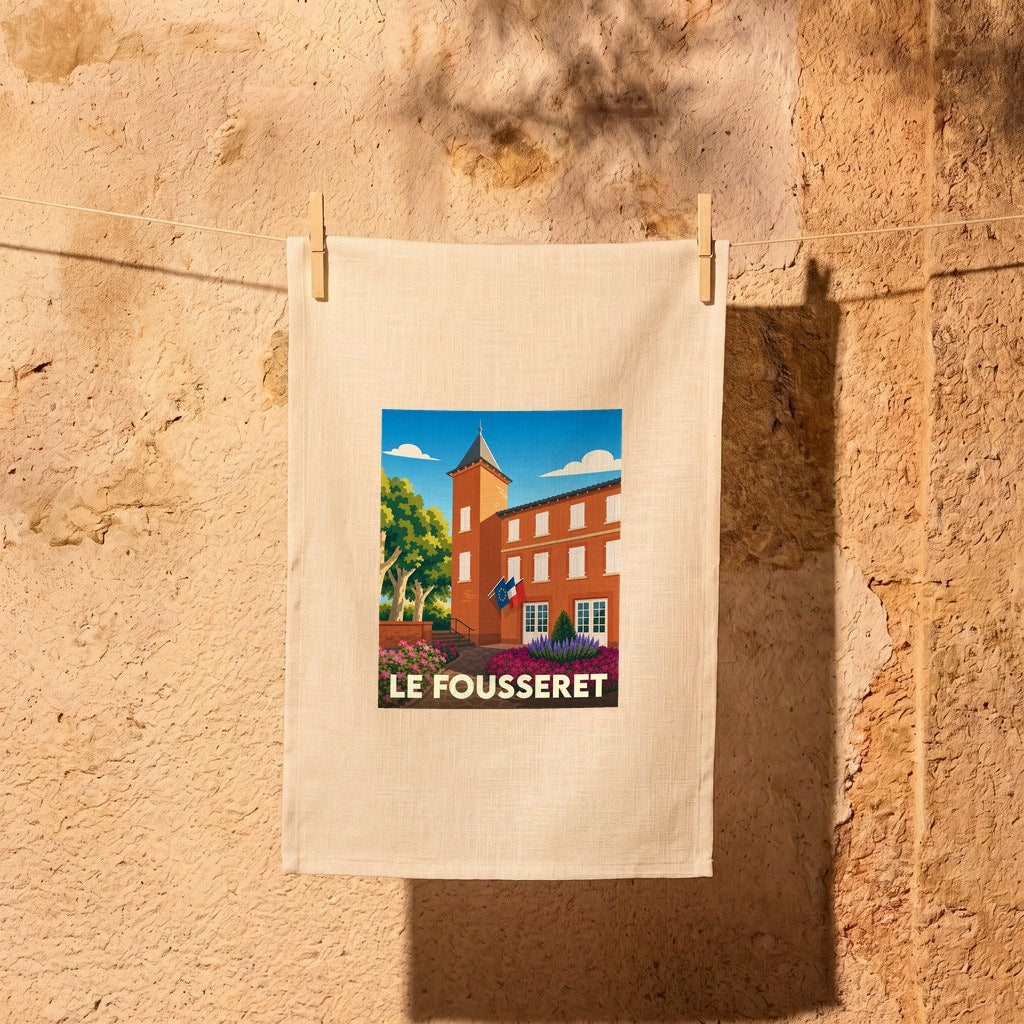 Torchon souvenir de la ville de Le Fousseret avec une illustration stylisée de sa mairie.